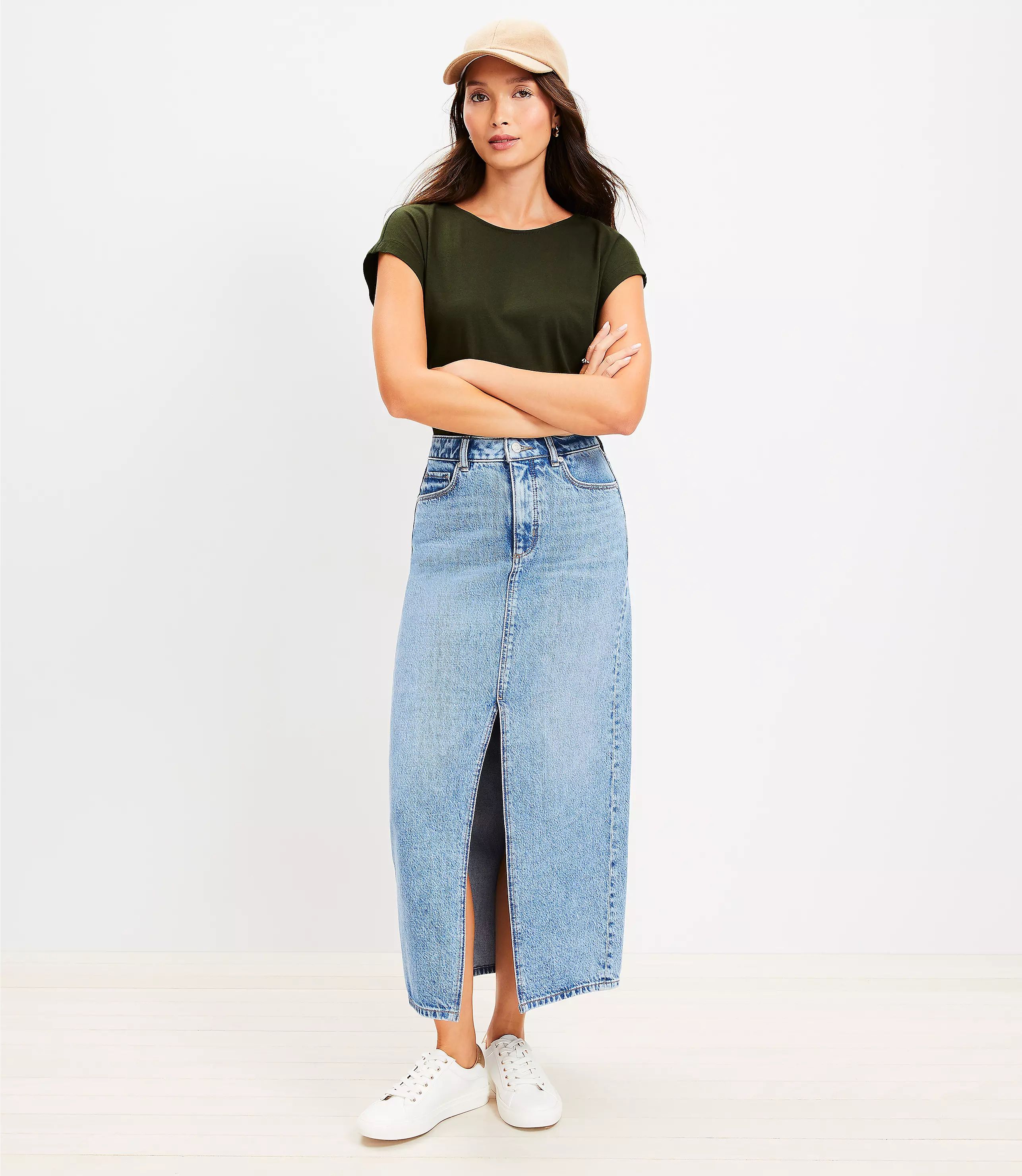 Petite Denim Midi Skirt in Classic Mid Wash | LOFT