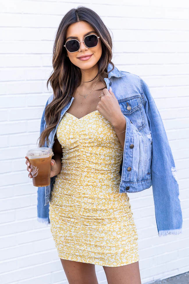 A Million Coincidences Yellow/White Floral Ruched Dress | The Pink Lily Boutique