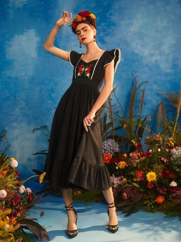 Frida Kahlo X SHEIN X Designer Floral Embroidery Ruffle Trim Dress | SHEIN