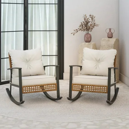 LAUSAINT HOME Outdoor Rocking Chair, Patio PE Rattan Chair with Beige Cushions, 2 PCS | Walmart (US)