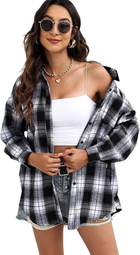 Women's Plaid Button Down Shirt Blouses Oversized Long Sleeve Shacket Casual Tops Work Blouses | Amazon (US)