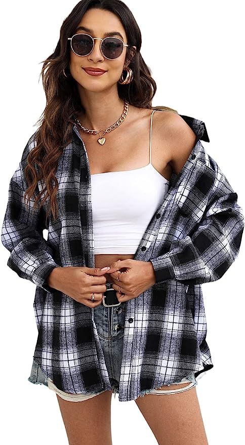 Women's Plaid Button Down Shirt Blouses Oversized Long Sleeve Shacket Casual Tops Work Blouses | Amazon (US)