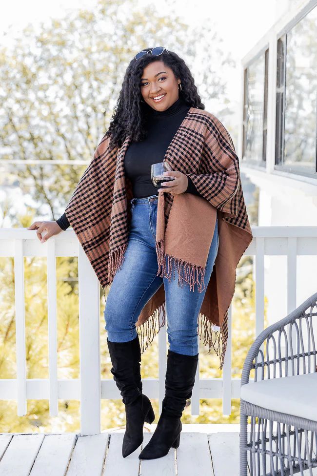 All The Answers Black And Tan Plaid Poncho | Pink Lily