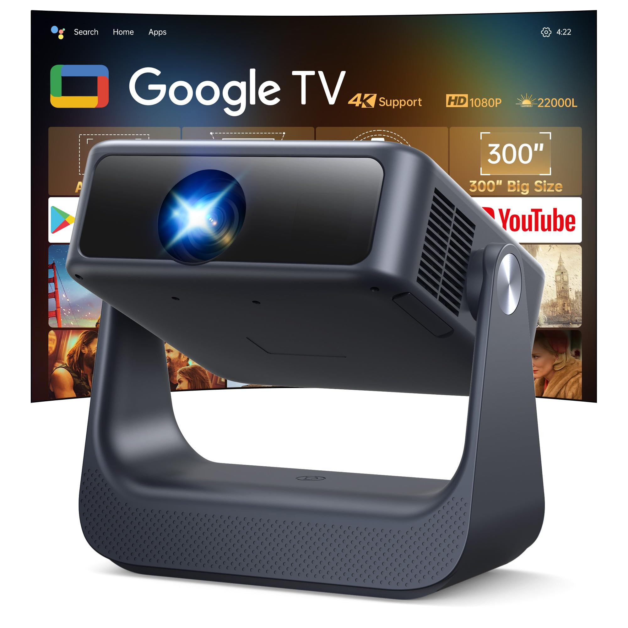 【Buit-in Google TV & Voice Control】Smart Projector with WiFi 6 and Bluetooth, 4K Support Movie Outdoor Projectors Compatible with Netflix/Prime Video/YouTube, Auto Focus Home Proyector 180°Stand | Amazon (US)