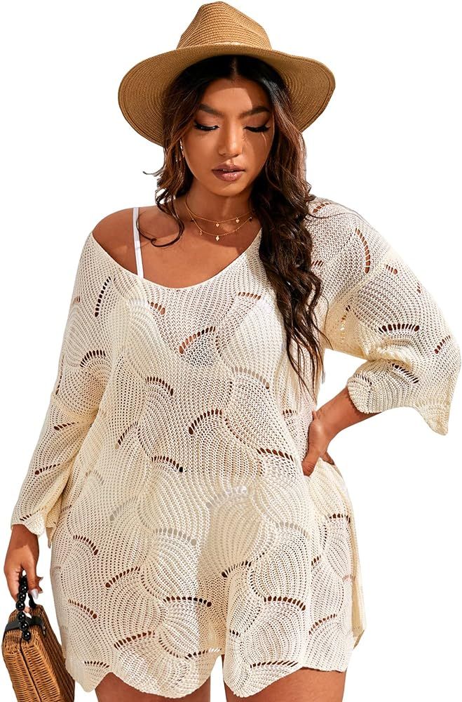 MakeMeChic Women's Plus Size Crochet Swimsuit Cover Up Sheer Beach Dress | Amazon (US)