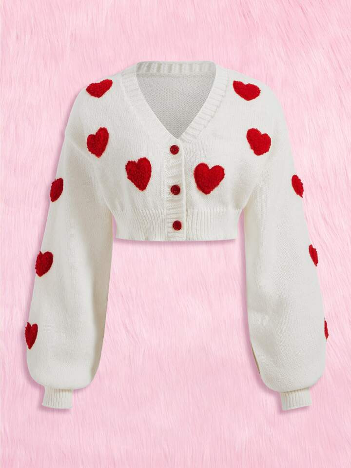 ROMWE Kawaii Heart Pattern Crop Cardigan | SHEIN