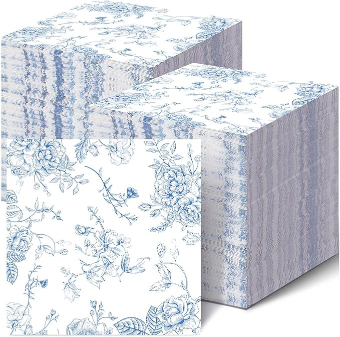 100 Pack Blue Floral Cocktail Napkins Blueand White Floral Toile Paper Napkins Floral Paper Napki... | Amazon (US)