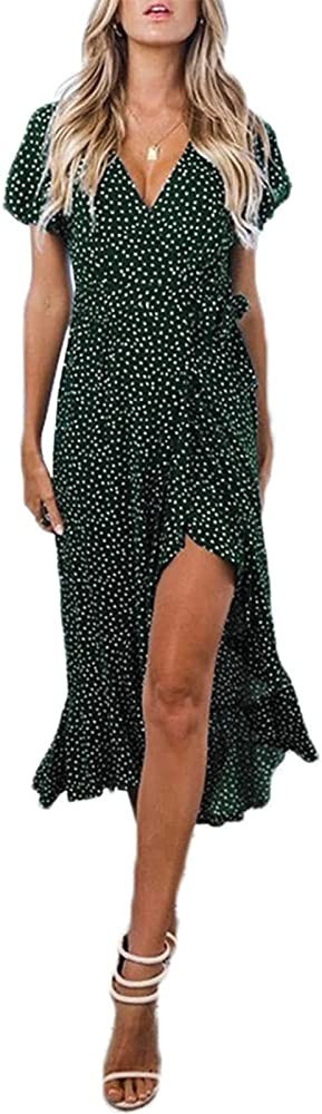 ZESICA Women's Summer Bohemian Floral Printed Wrap V Neck Beach Party Flowy Ruffle Midi Dress | Amazon (US)
