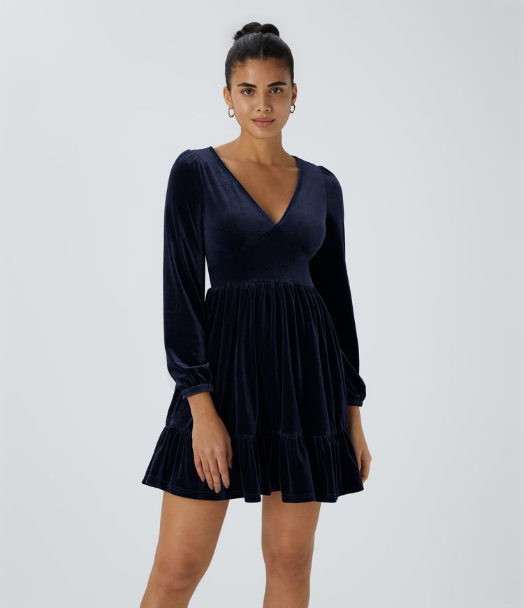 Women’s Everyday Deep V Neck Long Sleeve Ruffled Hem Velvet Mini Chill Party Dress - Halara | HALARA