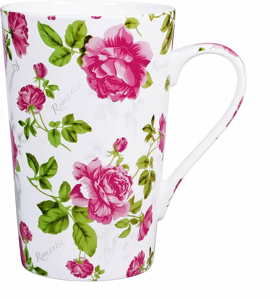 Bone China Tall Coffee Mug Floral Coffee Mug Tea Cup - 14 oz Flower Tea Cup Tall Coffee Cup Gifts... | Amazon (US)