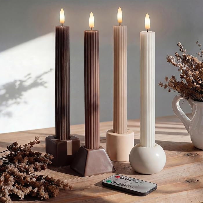 Mocha Brown Coordinated Chocolatey 4 Pack, 10" Real Wax LED Flameless Fluted Ribbed Grooved Taper... | Amazon (US)