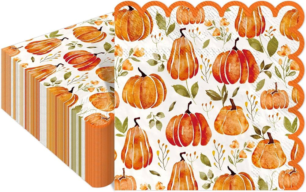Whaline 100 Pcs Fall Pumpkin Scalloped Cocktail Napkin Orange Autumn Paper Napkin Thick Disposabl... | Amazon (US)