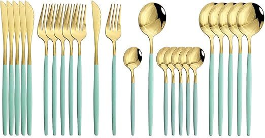 JASHII Flatware Serving Set 24 Piece, Stainless Steel Silverware Set, Mint Green Gold Cutlery Set... | Amazon (US)