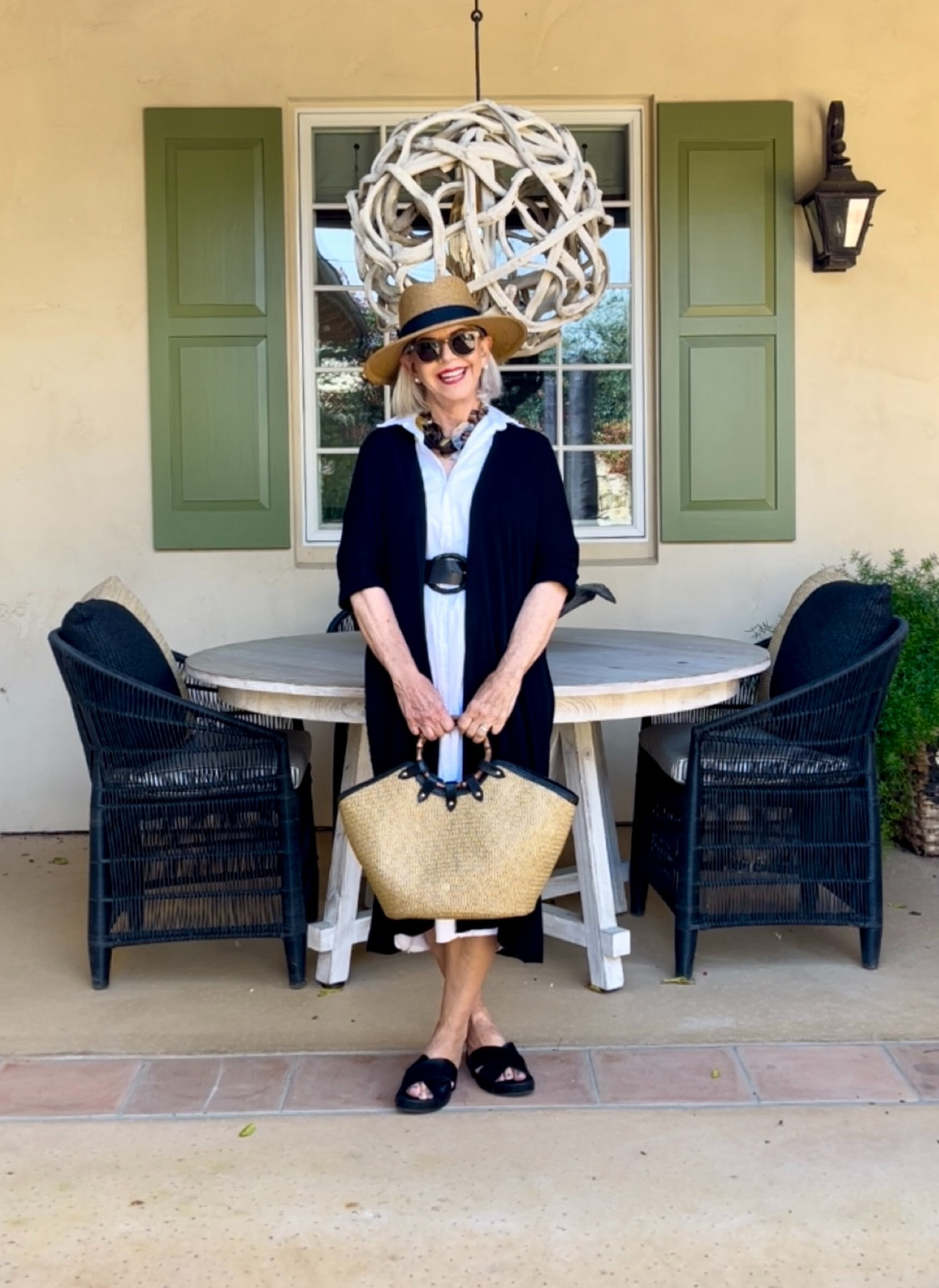 White midi shirt dress with black sweater duster, belt, straw hat, bag and sandals

#shirtdress #strawaccessories #dusterr

#LTKover40 #LTKSeasonal #LTKstyletip