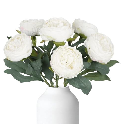 INSUNSIX White Peonies Artificial Flowers,6PCS Vintage Faux Peony Flowers 19.7" Silk Peonies with Stems for Wedding Bridal Bouquet Home Party Office Decoration(White) | Amazon (US)