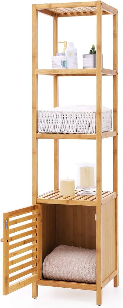 SONGMICS Bamboo Bathroom Storage Floor Cabinet, 4 Tiers Multifunctional Floor Shelving Unit, Free... | Amazon (US)