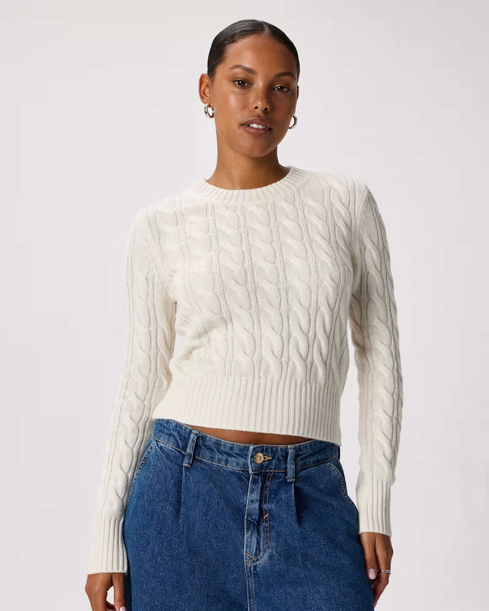 Mongolian Cashmere Shrunken Cable Crewneck Sweater in Ivory | Quince