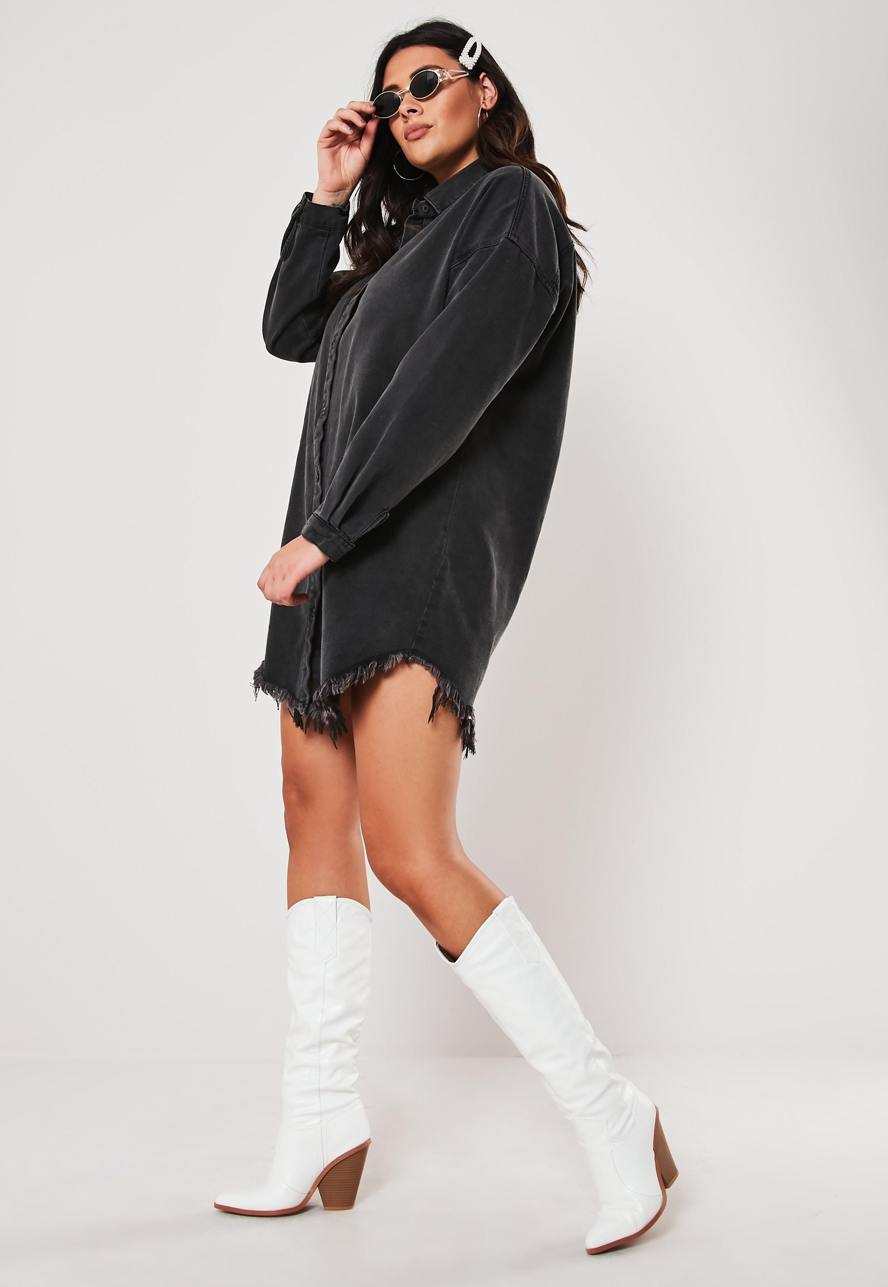 Plus Size Black Frayed Hem Denim Shirt Dress | Missguided (US & CA)