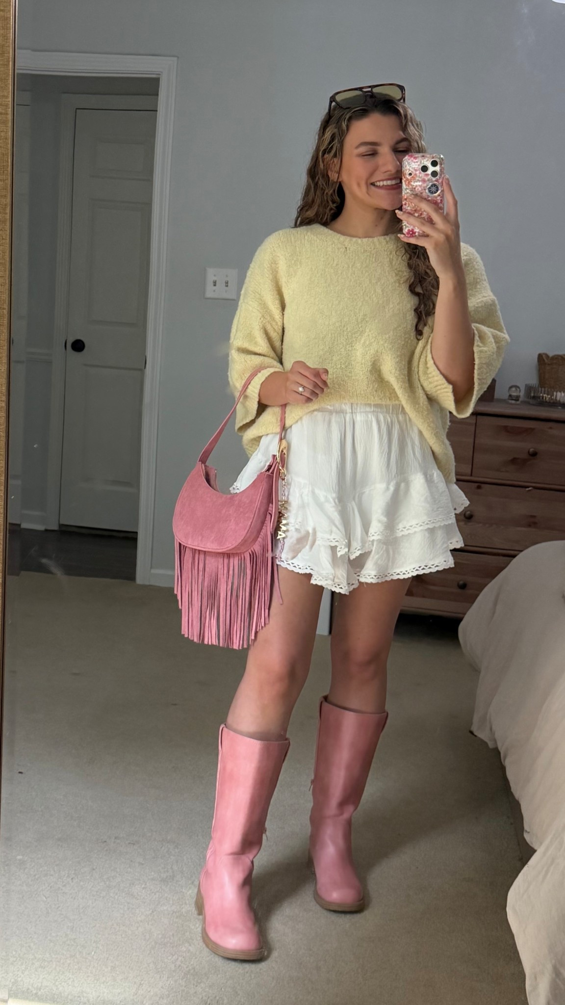 Butter yellow short sleeve sweater cardigan with white lace skirt skort! Pink fringe handbag from target and pink boots from Walmart! 

#LTKootd #LTKMothersDay #LTKSeasonal
