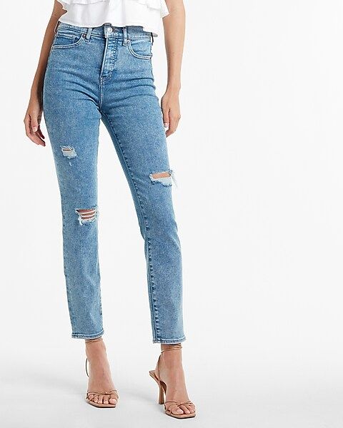 High Waisted Medium Wash Ripped Slim Jeans | Express