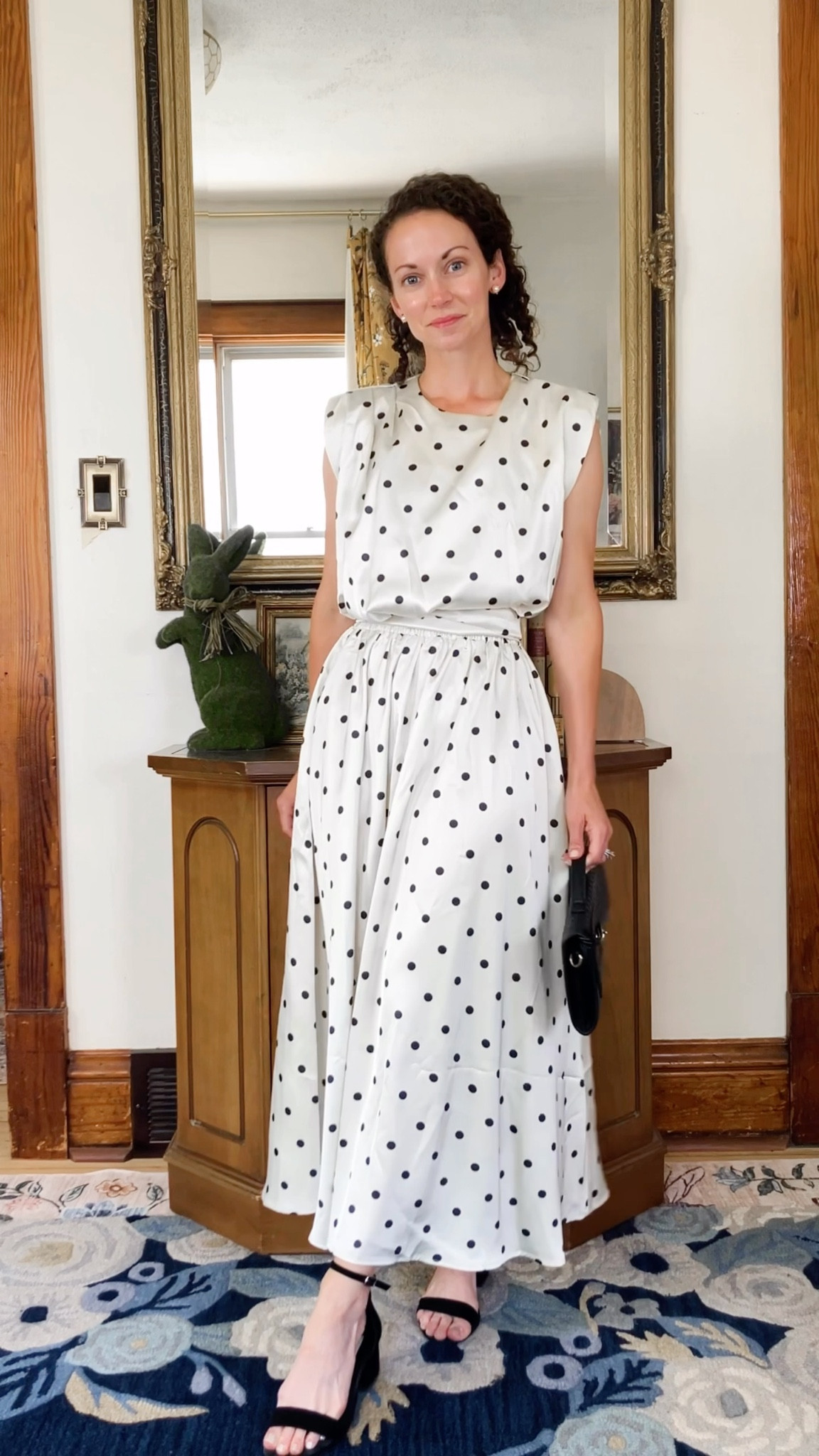 A satin polka top and skirt for summer!
Top and skirt from Chicwish. 
Large faux pearl earrings are old from Kate Spade, linking similar. 
Black woven handbag from Chicwish. 
Black suede heeled sandals from Steve Madden. 
Eternity ring from Amazon. 
Floral satin robe from Amazon  
Petite outfit. Neutral outfit. Summer outfit. Matching set. Modest outfit. 

#LTKOver40 #LTKootd #LTKdayinmylife