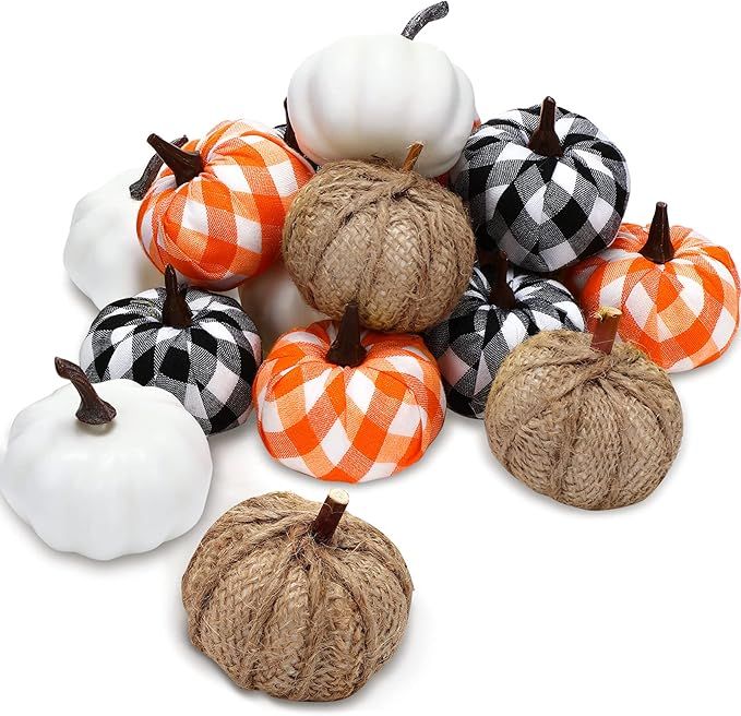 Waydress 24 Pieces Buffalo Plaid Pumpkins Fall Pumpkin Decor Black and White Pumpkins Artificial ... | Amazon (US)