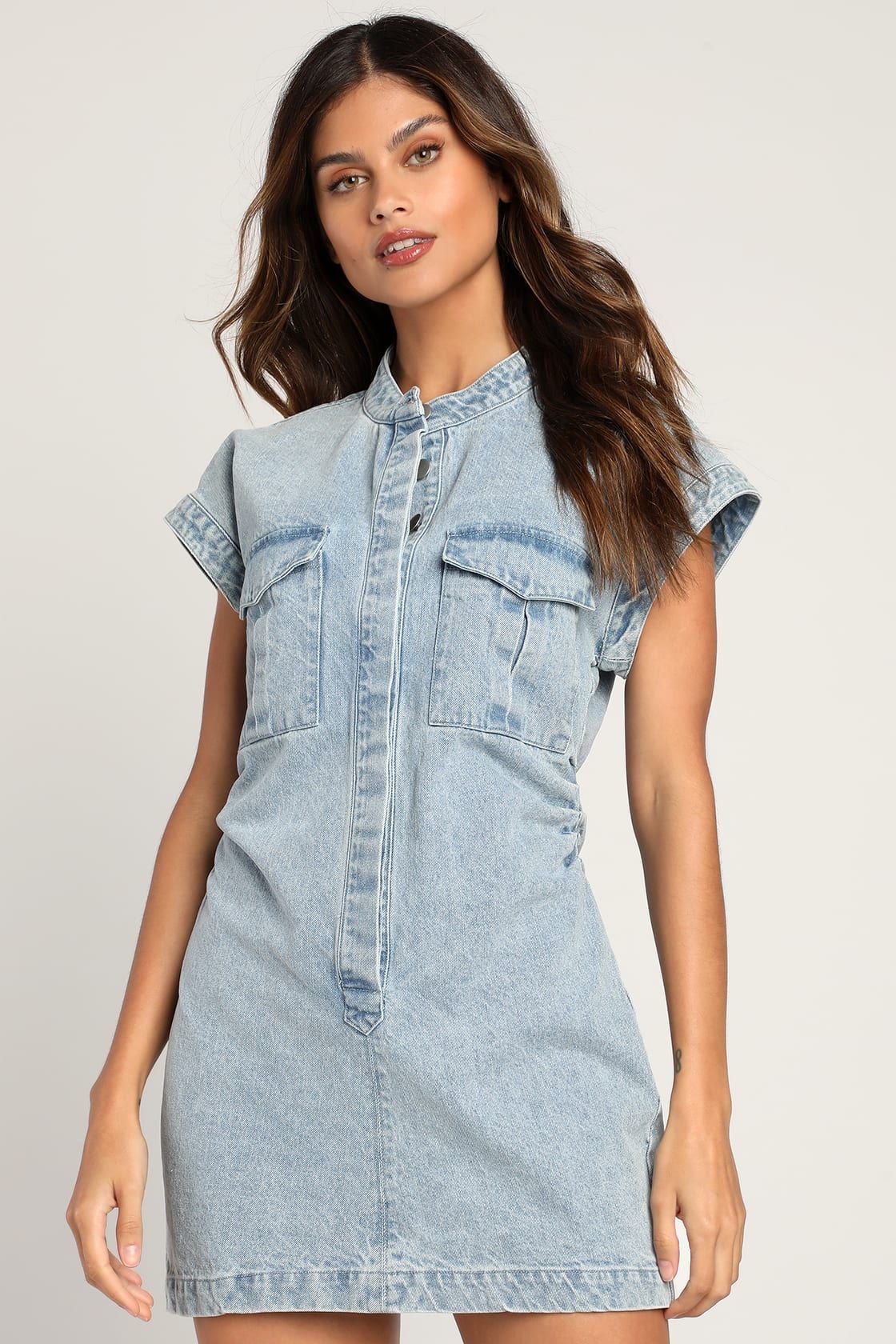 On this Sweet Day Light Wash Denim Button-Front Mini Dress | Lulus