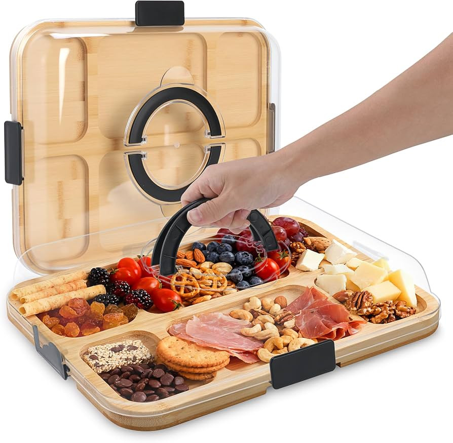 Bamboo Charcuterie Boards with Lid, Travel Portable Cheese Board & Serving Tray with Clear Cover,... | Amazon (US)