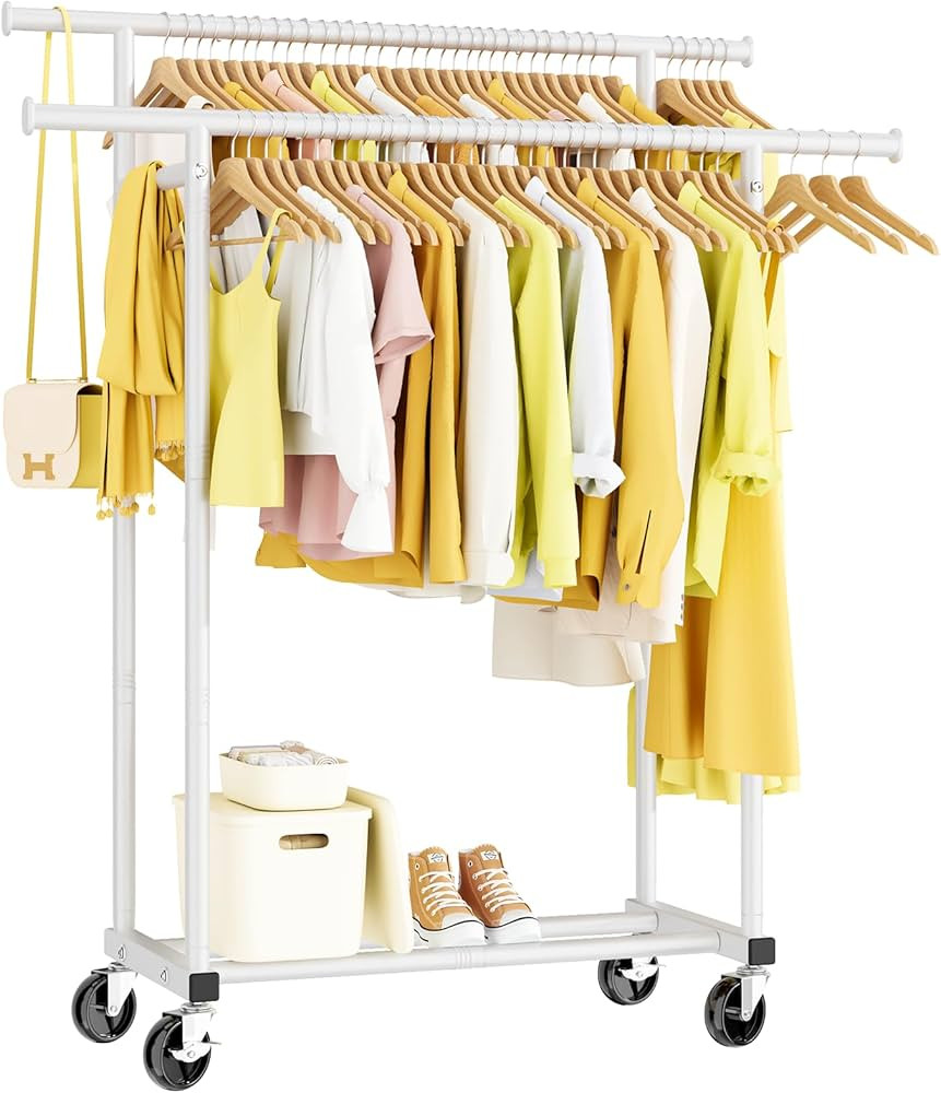 Double Rods Clothes Rack, Rolling Clothing Rack for Hanging Clothes Portable Wardrobe Rack, Metal... | Amazon (US)