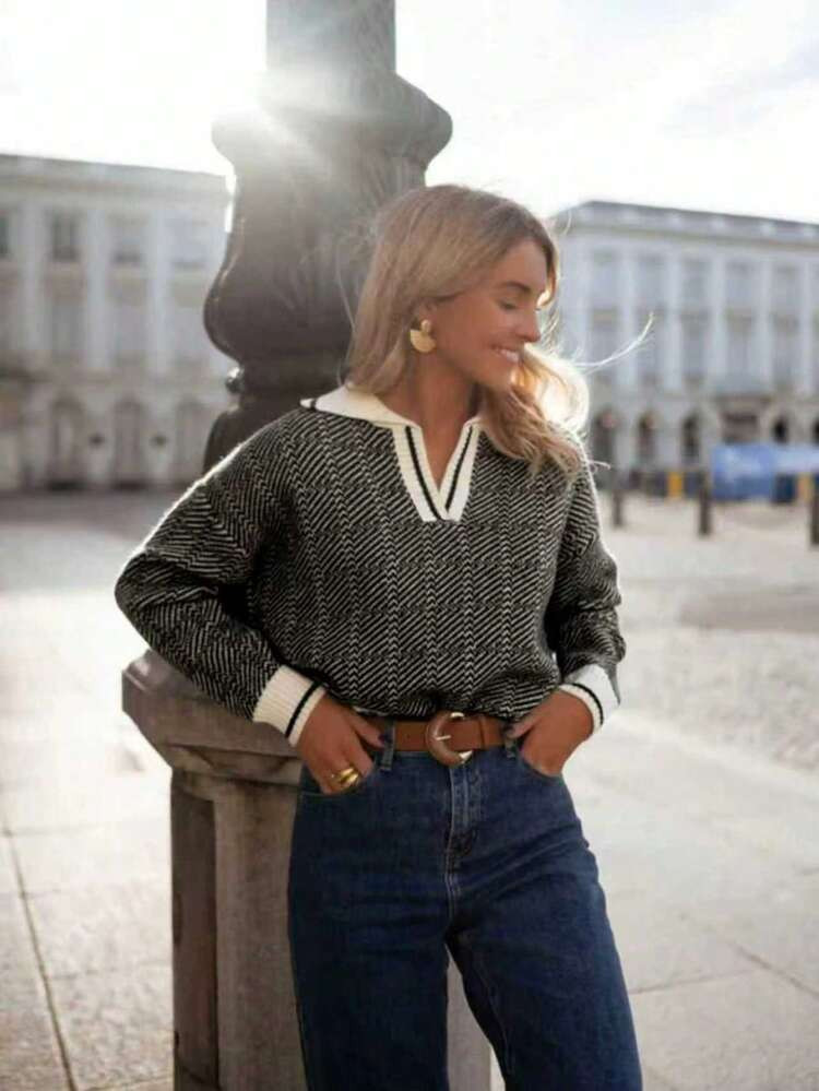 Women's V-Neck Pullover Sweater, Colorblock Detail Design, Medium Elasticity, Minimalist Fashiona... | SHEIN