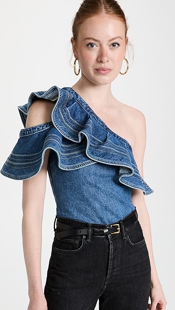 Blue Denim Asymmetric Frill Top | Shopbop