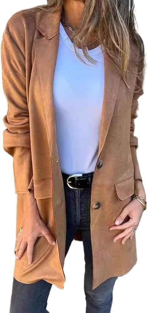 Suede Jacket Y2k Outerwear Brown Faux Leather Jacket Women Oversized Blazers Long Cardigan Old Mo... | Amazon (US)