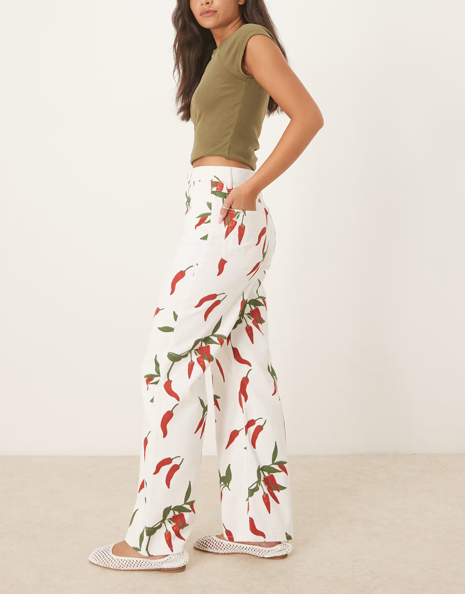 ASOS DESIGN dad jean in chilli pepper print in ecru | ASOS (Global)