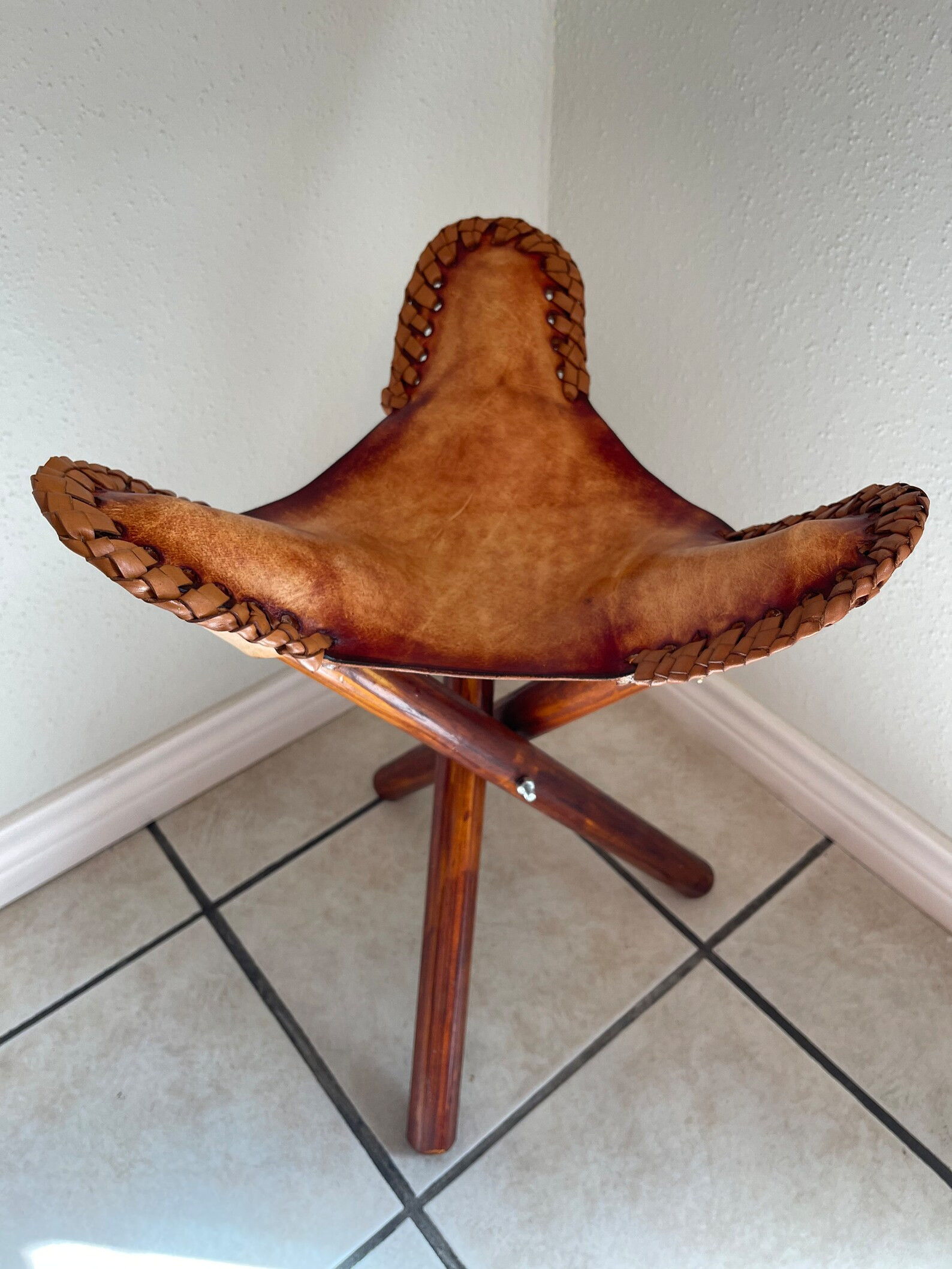 Genuine Leather Tripod Stool with Wood Legs, Portable Wooden Folding Stool, Very Comfortable Foot... | Etsy (US)