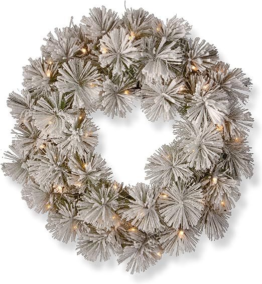 National Tree Company Pre-Lit Artificial Christmas Wreath, Green, Snowy Bristle Pine, White Light... | Amazon (US)