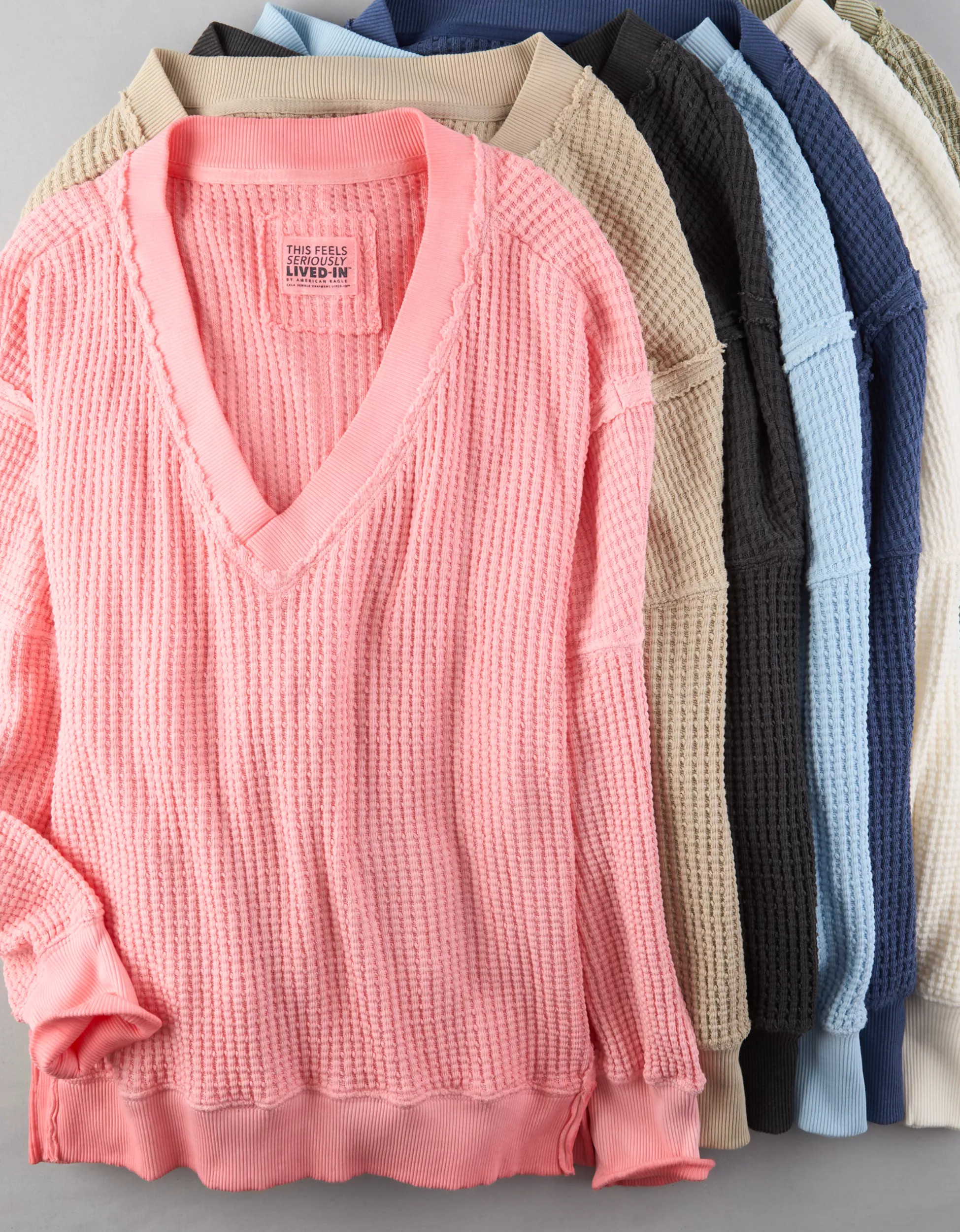 AE Oversized Big Hug Waffle V-Neck Sweatshirt | American Eagle Outfitters (US & CA)