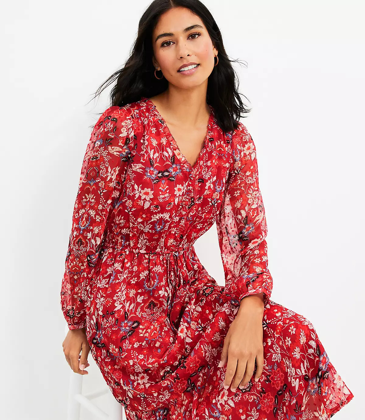 Floral Clip V-Neck Midi Dress | LOFT