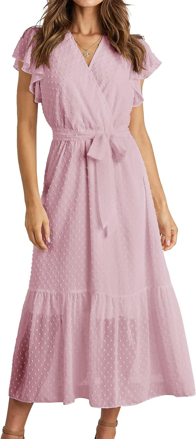 BTFBM Women Summer Bohemian Floral Casual Wrap V Neck Ruffle Cap Sleeveless Belt A-Line Pleated H... | Amazon (US)