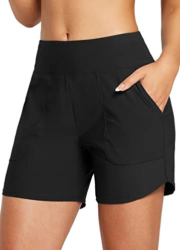 baleaf Women's Swim Shorts Tummy Control Modest Swimsuits Bathing Suit Bottoms 5" Board Shorts Beach Trunks with Pockets Black M | Amazon (US)