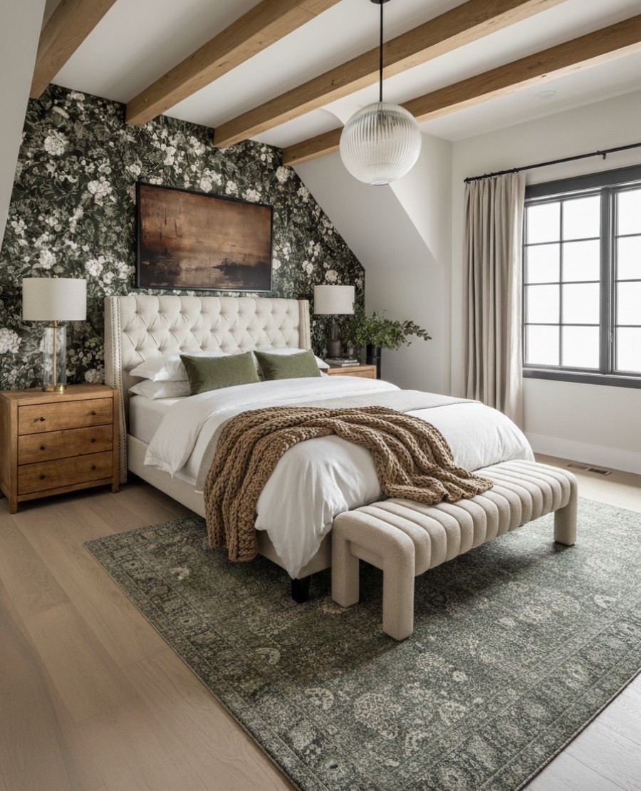 Earthy elegance meets cozy comfort. This warm, moody bedroom layers natural textures with rich tones for a timeless organic modern look. The tufted upholstered bed brings soft sophistication, paired with natural wood nightstands that ground the space. A deep green floral wallpaper adds dramatic texture and contrast, while the green vintage-style area rug ties everything together. Neutral linen bedding, olive velvet accent pillows, and a chunky knit throw create the perfect mix of comfort and style. Finished with a sculptural bench, glass globe pendant, and black-framed windows, this space feels refined, organic, and inviting. 


#LTKFindsUnder100 #LTKHome #LTKSaleAlert
