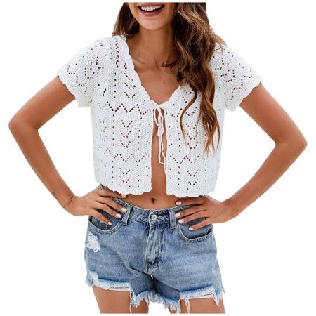 Womens Cardigans Crochet Lightweight Tie Front Short Sleeve Solid Trendy Cropped Cardigans for Women | Walmart (US)