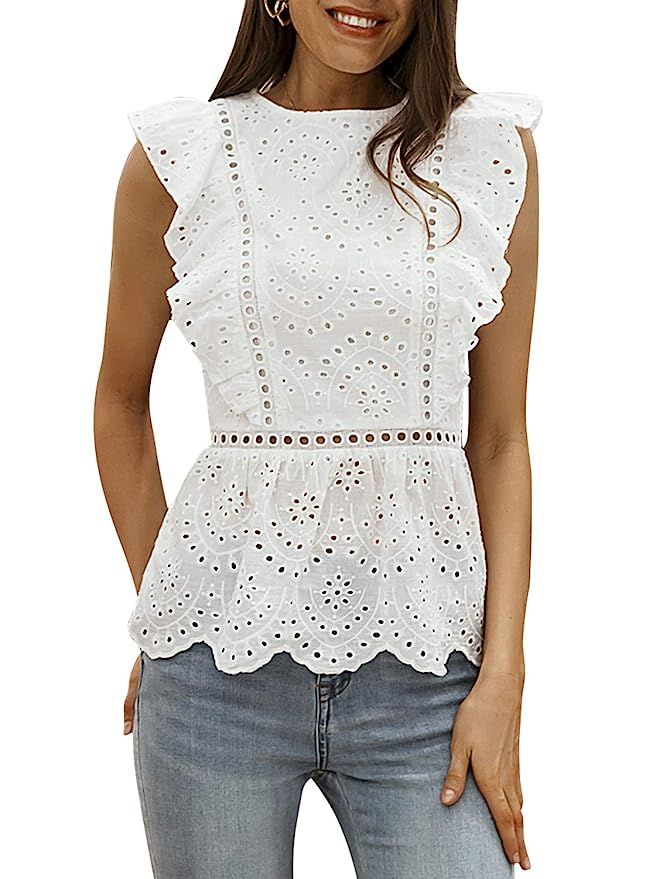 MsLure Women's Hollow Out Cotton Ruffle Top Sleeveless Peplum Tank Top Shirt | Amazon (US)