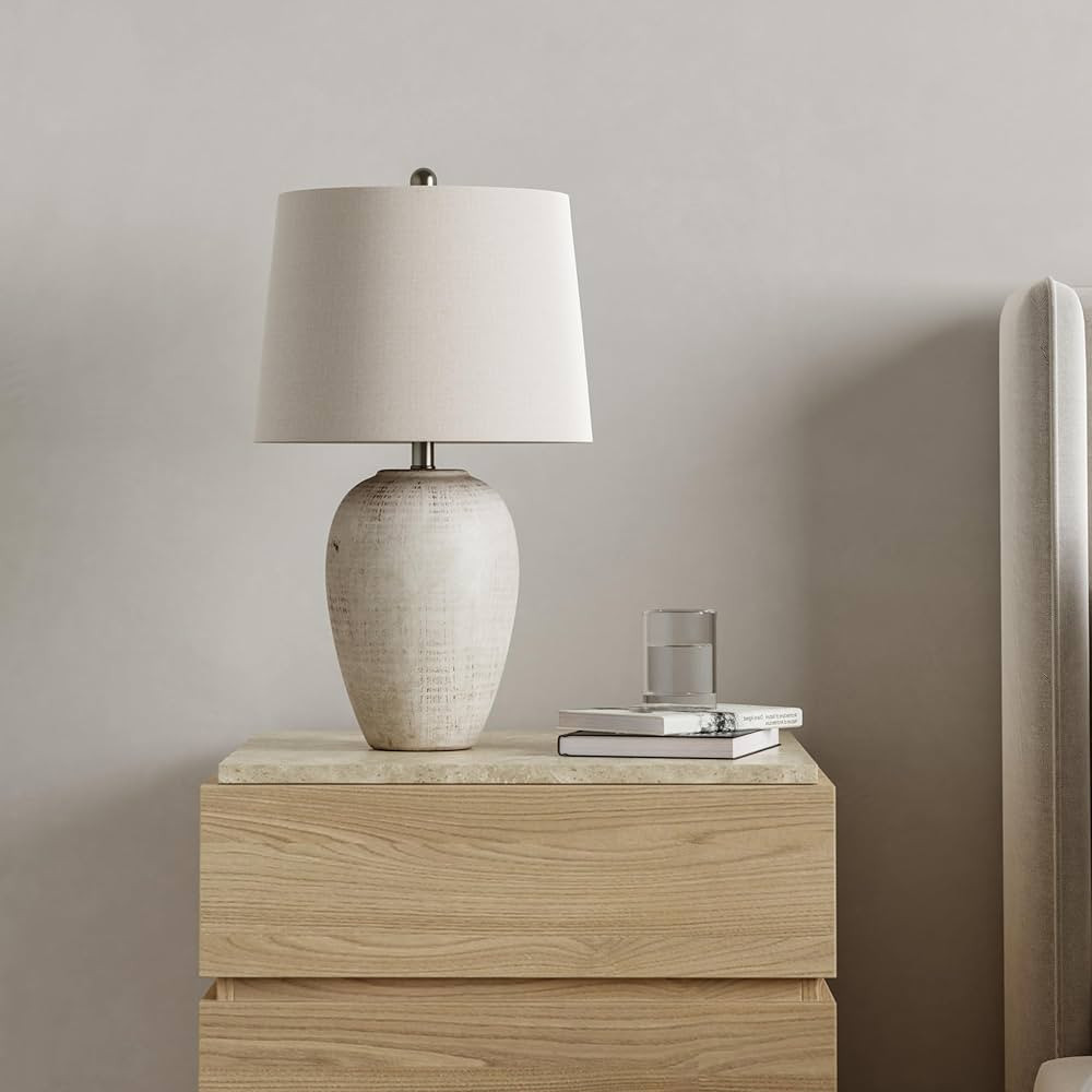 Nourison 23" Distressed Cream/Beige Rustic Ceramic Jar Table Lamp for Bedroom, Living Room, Dinin... | Amazon (US)