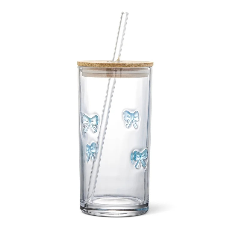 Thyme & Table 17 fl oz Blue Bow Charm Sipper with Glass Straw and Wood Lid | Walmart (US)