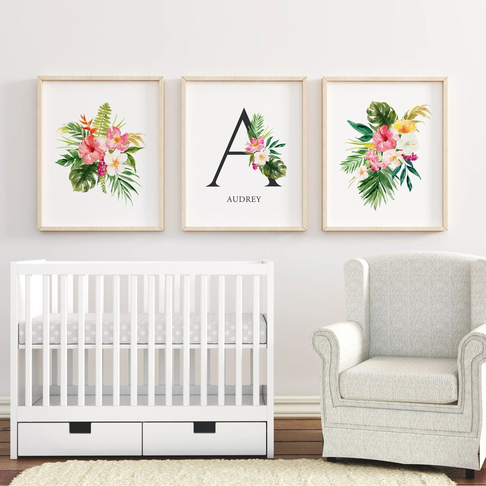 Tropical Nursery, Custom Name printable, Tropical floral printable, baby girl name wall art, Cust... | Etsy (US)