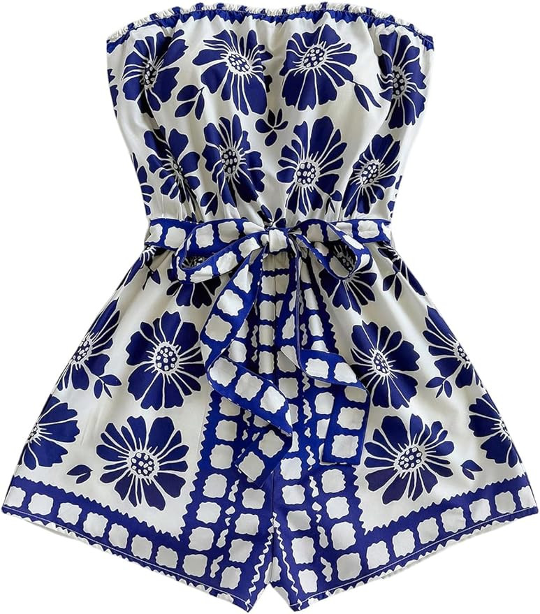WDIRARA Women's Boho Floral Print Tube Romper Strapless Sleeveless Belted Shorts Jumpsuits | Amazon (US)