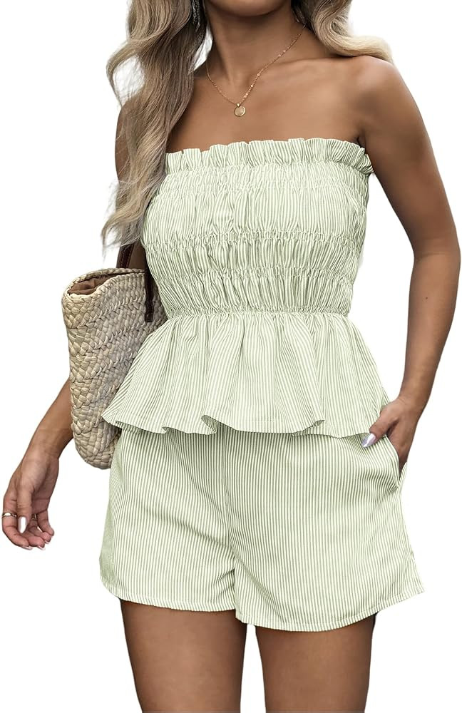 Women 2 Piece Outfits Ruffle Stripe Shorts Set 2026 Summer Off Shoulder Smocked Crop Top Mini Sho... | Amazon (US)