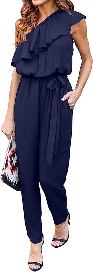 KIRUNDO Women's 2023 Summer Casual Jumpsuits Ruffle One Shoulder One Piece Belted Long Pants Romp... | Amazon (US)