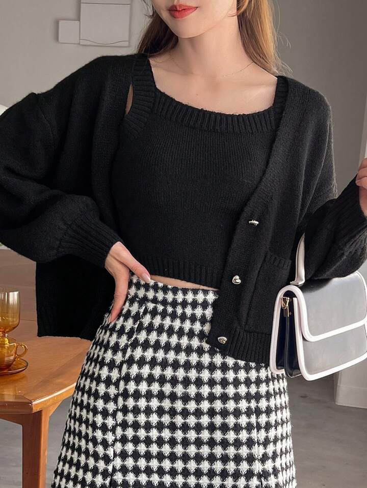 FRIFUL Women's Solid Color Ribbed Knit Camisole Top And Patch Pocket Cardigan Set | SHEIN