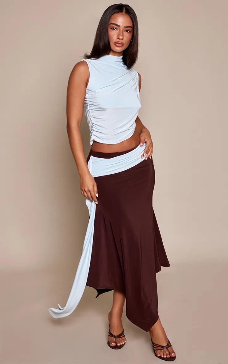 PrettyLittleThing Petite Baby Blue Contrast Side Drape Slinky Midi Skirt | Boohoo | Boohoo.com (UK & IE)